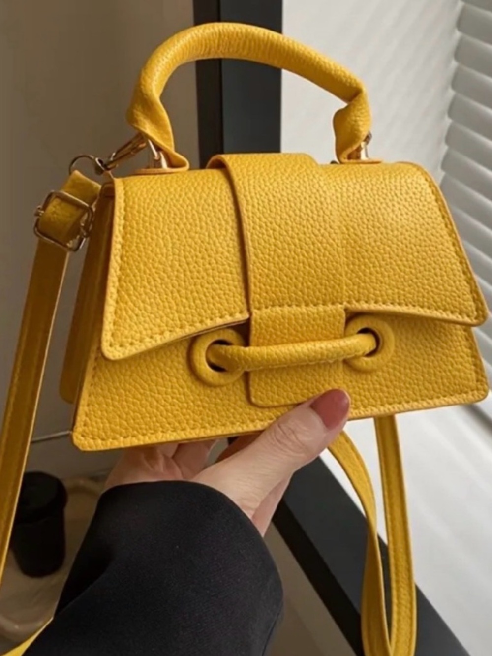 Yellow Vegan Leather Mini Top-Handle Crossbody Bag - Picture 3 of 4